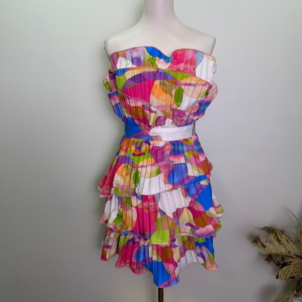 Flying Tomato Womens L Pleated Tiered Strapless Mini Dress Abstract Print Y2K